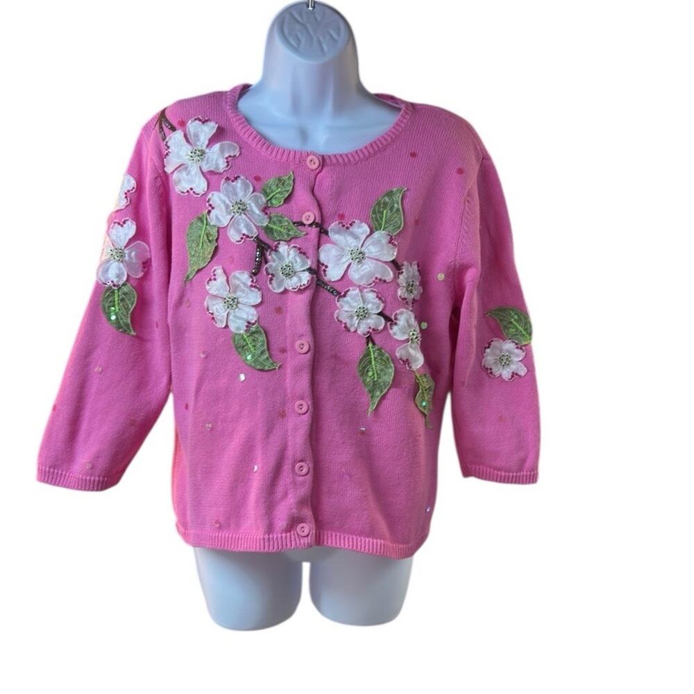 Design Options Pink Floral Applique Beaded Cardigan Cottagecore Sweater L